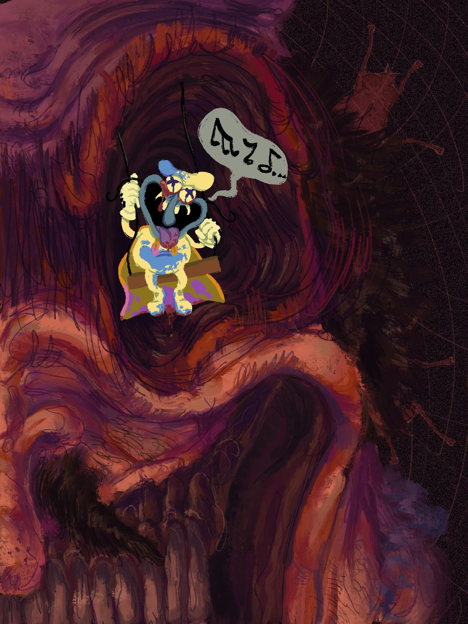 A painting titled, 'Cold as a Corpse', and is based off of the Residents song of the same name. It's an up close shot of the right half of Peddito's face as he snarls at the viewer. He has no eye in his socket, with the Doise's corpse swining on a swing as it sings a tune replacing it. The Doise is wearing what seems to be the Noise's costume, but blood stains on the Doise reveal Doise's costume colors under it. The background is a dark red void with flies in it. There's no signature on the drawing.